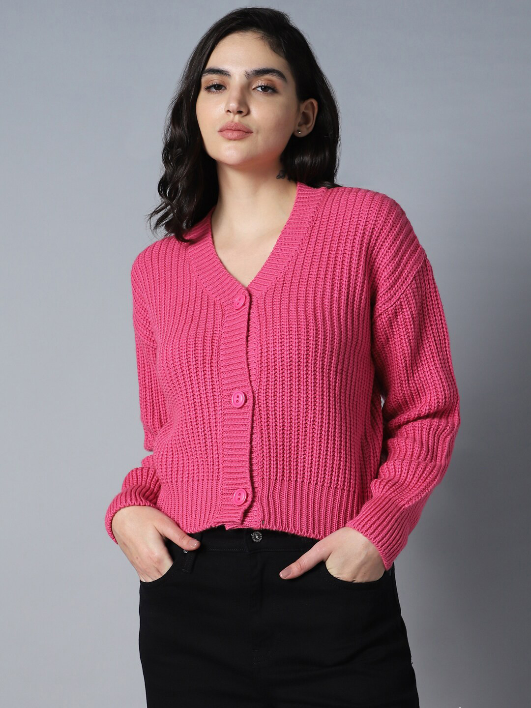 High Star Cable Knit V-Neck Long Sleeve Acrylic Cardigan Sweaters