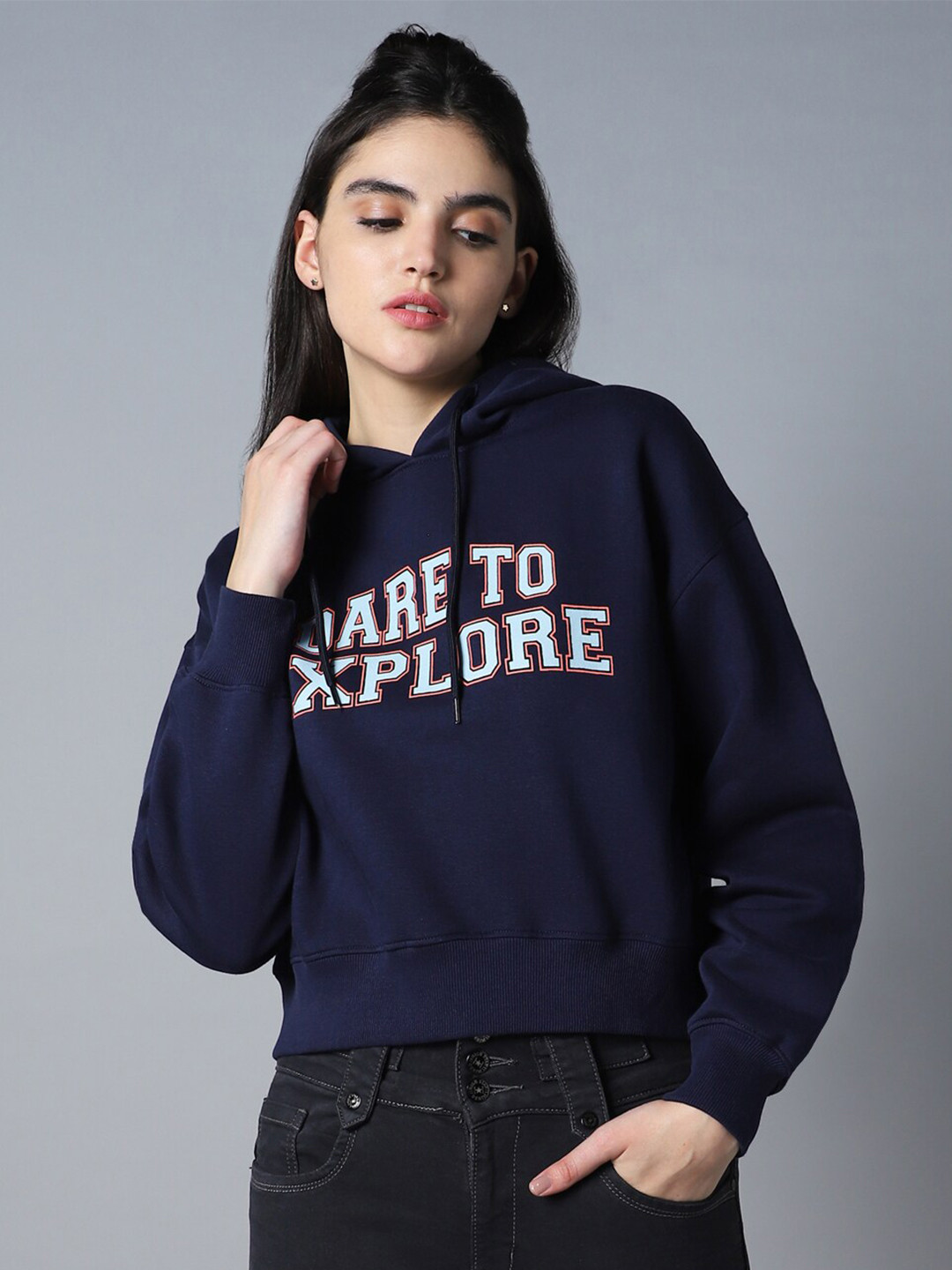 High Star Typography Printed Hooded Neck Long Sleeve Pullover Sweatshirt