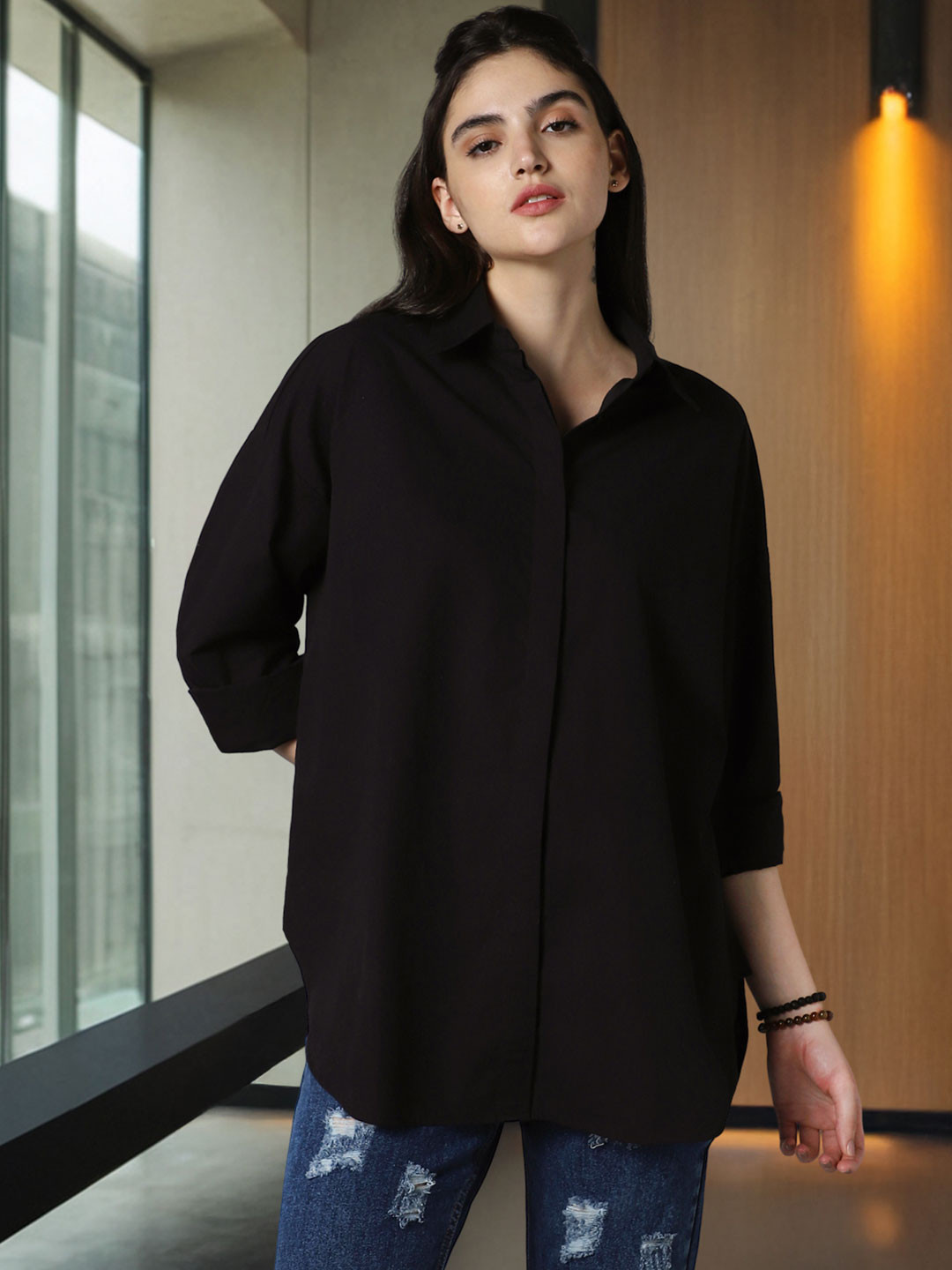 High Star Relaxed Oversized Spread Collar Long Sleeve Cotton Longline Casual Shirt