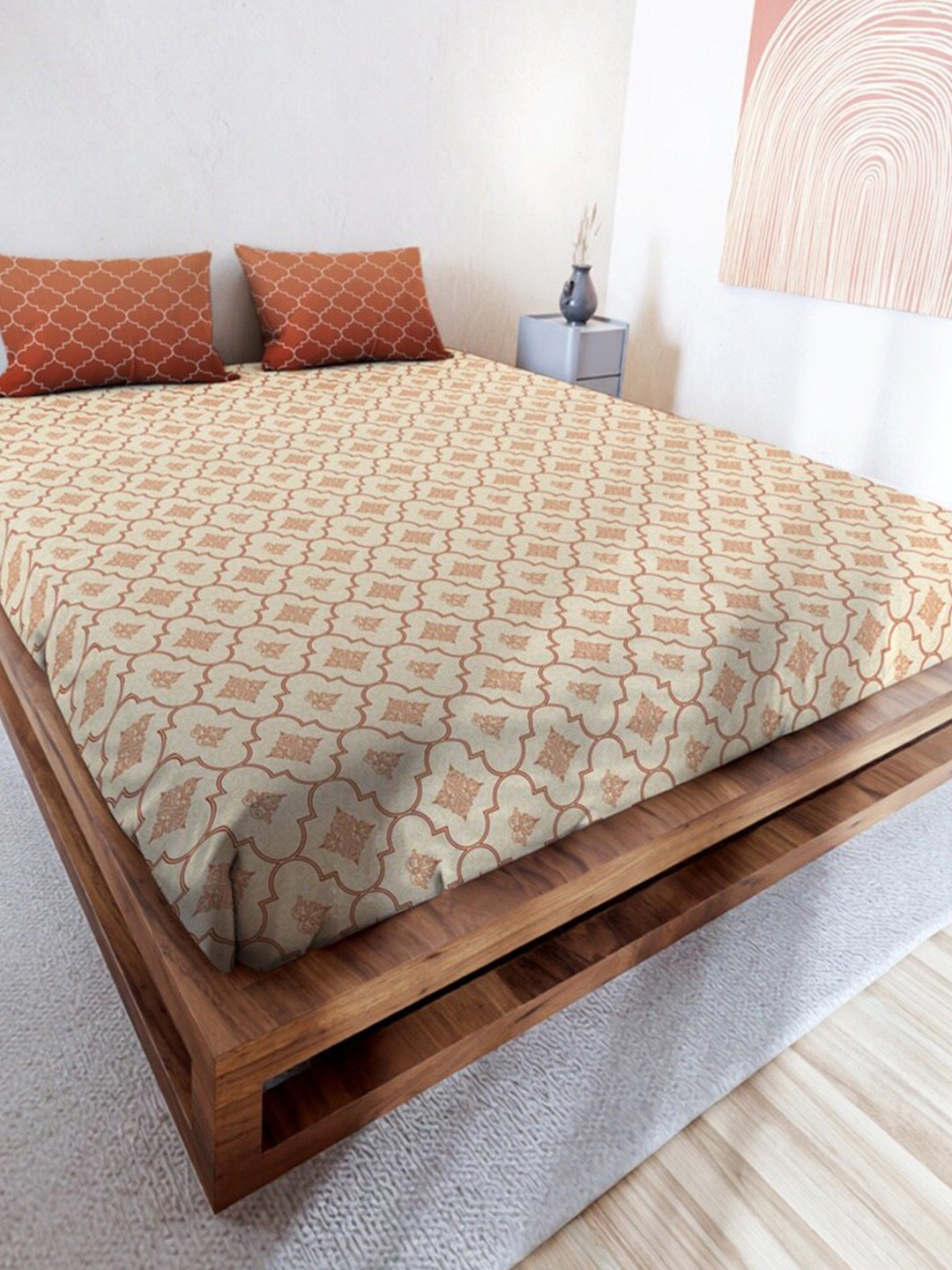 MAYFAIR HOMES LONDON Rushmoor Cream Geometric Pure Cotton 144 TC King Bedsheet with 2 Pillow Covers-108 x 108 inches