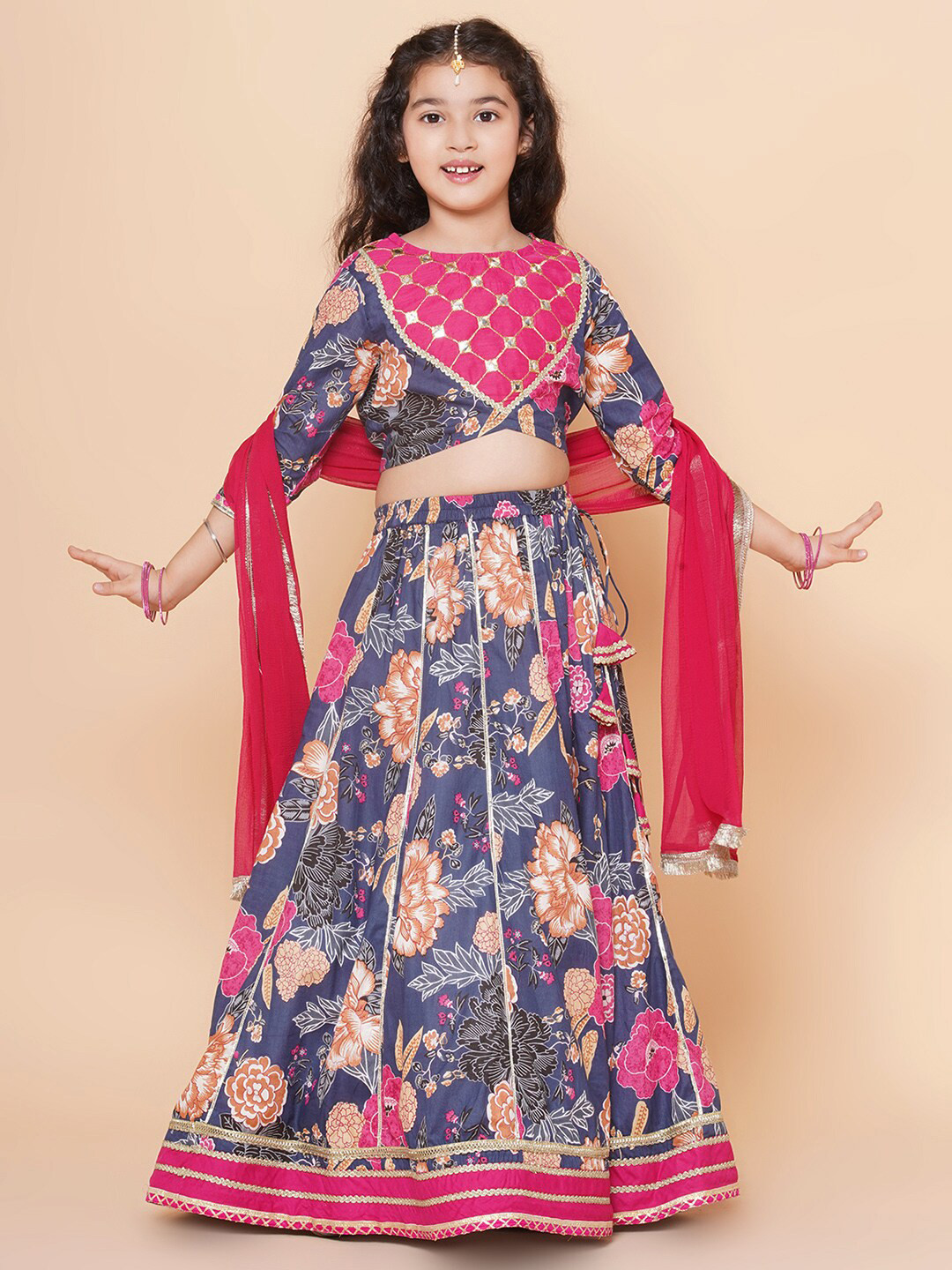 Bitiya by Bhama Girls Printed Mirror Work Ready to Wear Lehenga & Blouse With Dupatta