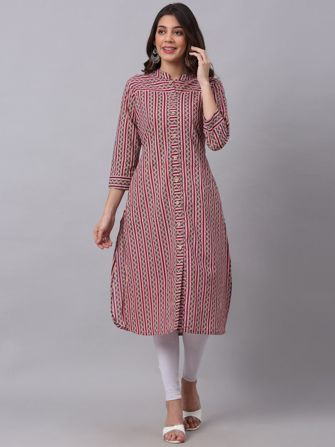 Kamayra Striped Mandarin Collar A-line Kurta