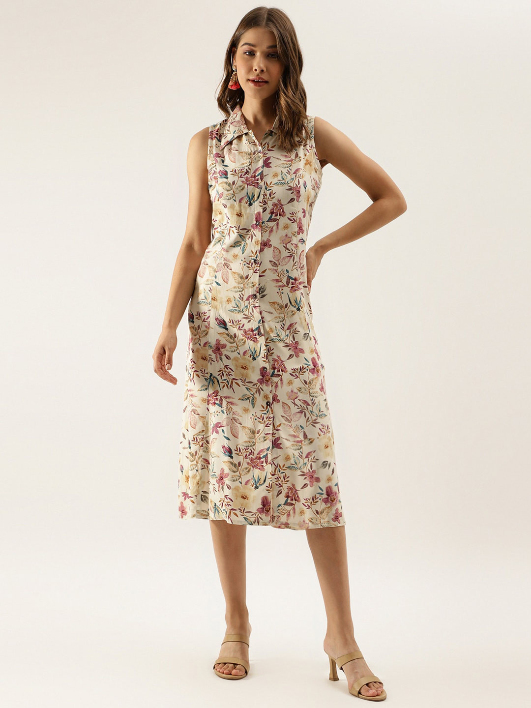 Divena Floral Printed Shirt Midi Dress
