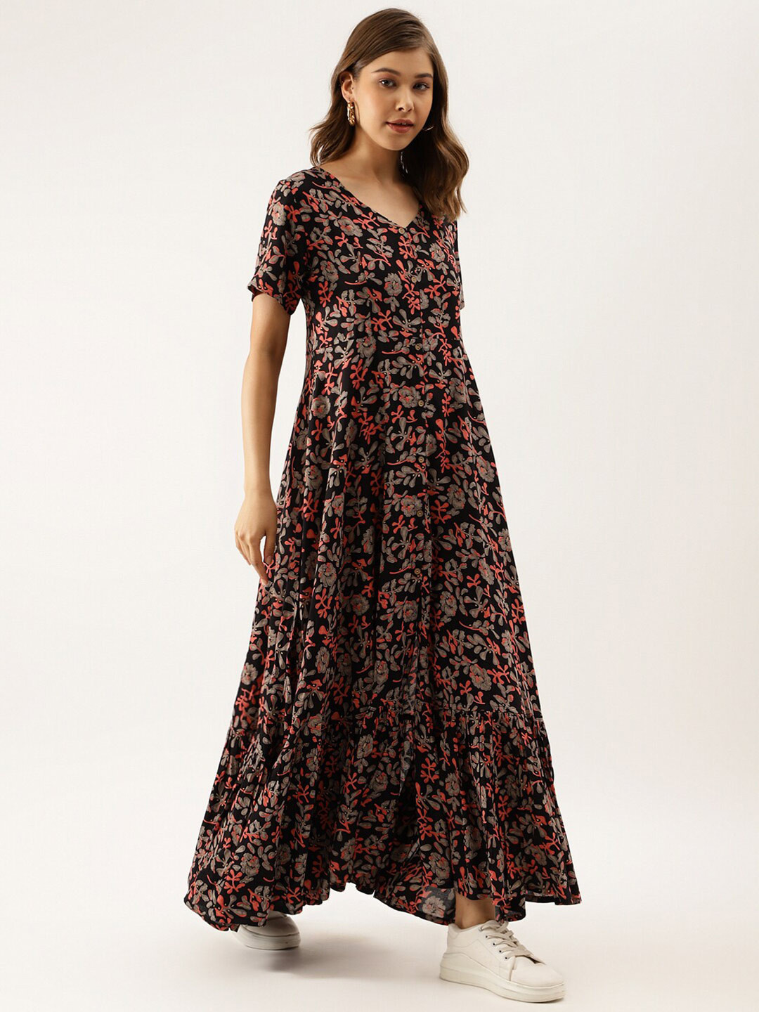 Divena Floral Printed V-Neck Gathered Maxi Dress