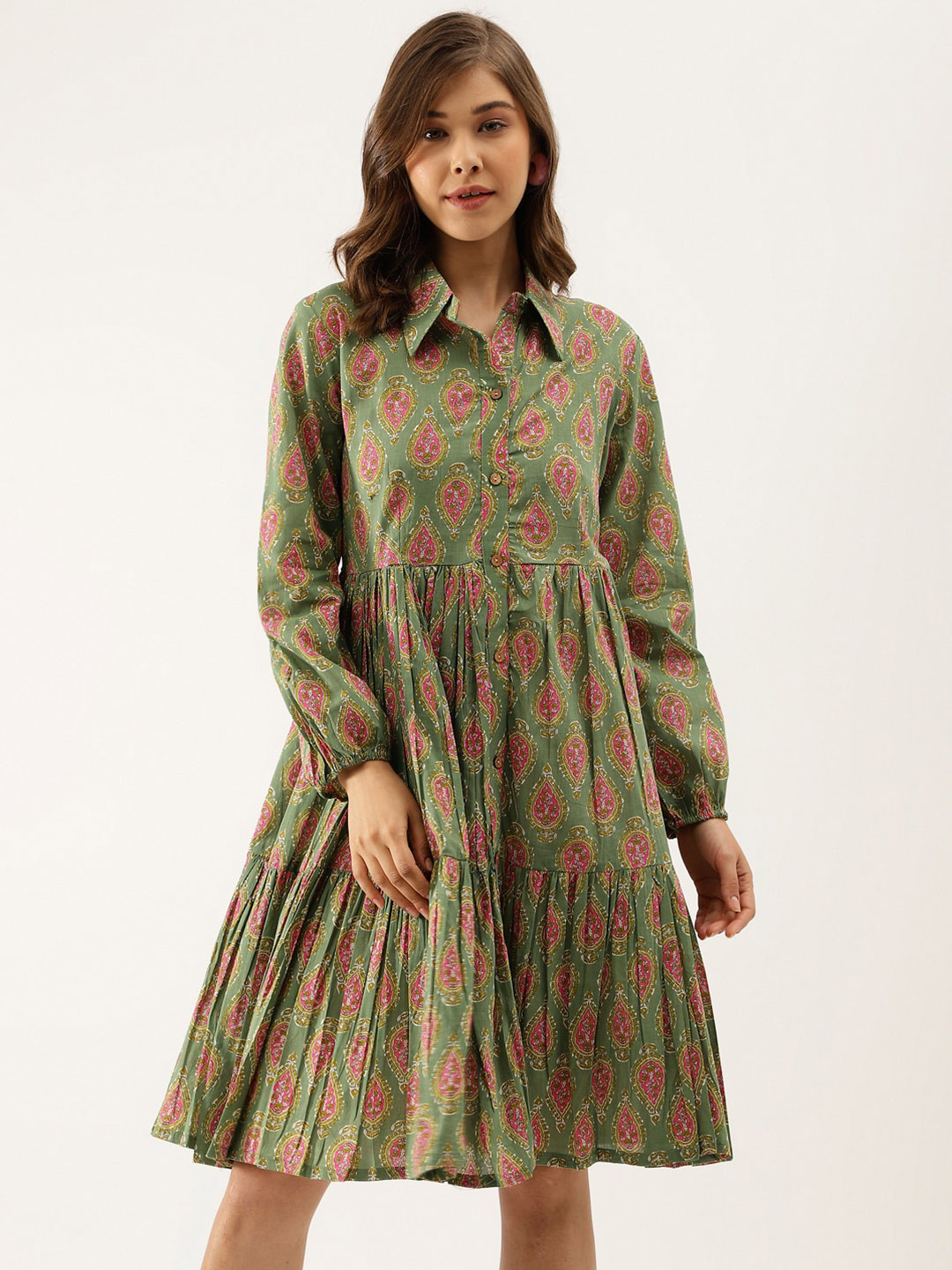 Divena Green Ethnic Printed Tiered Cotton Shirt Dress