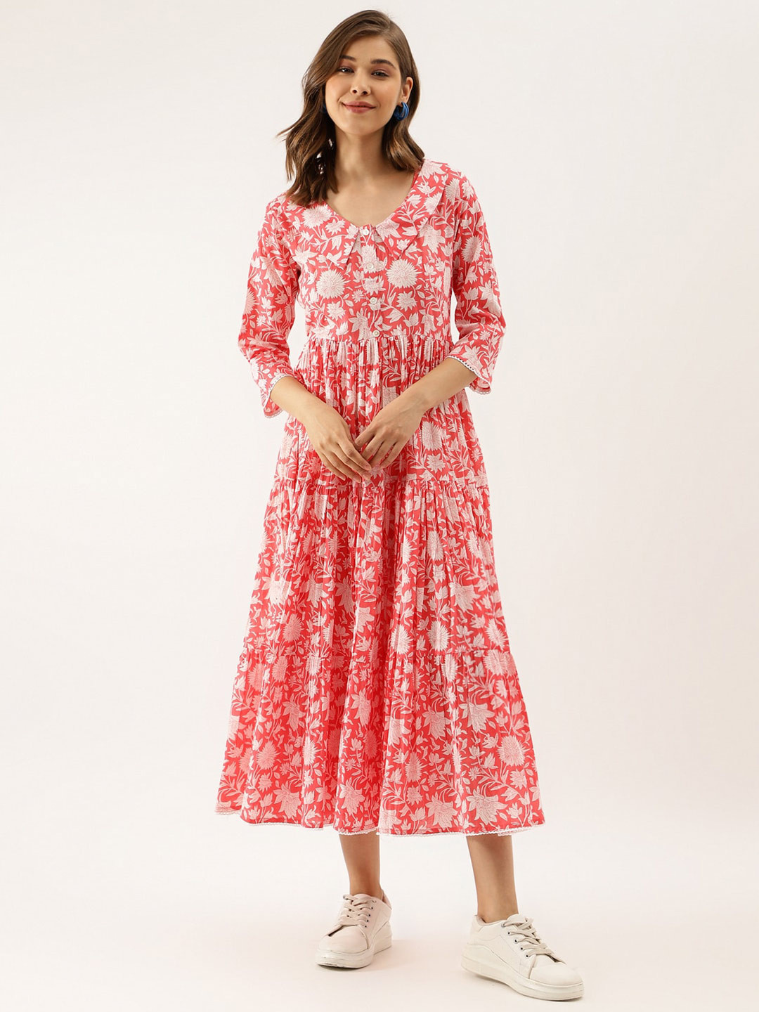 Divena Floral Printed V-Neck Gathered Tiered Cotton Maxi Dress