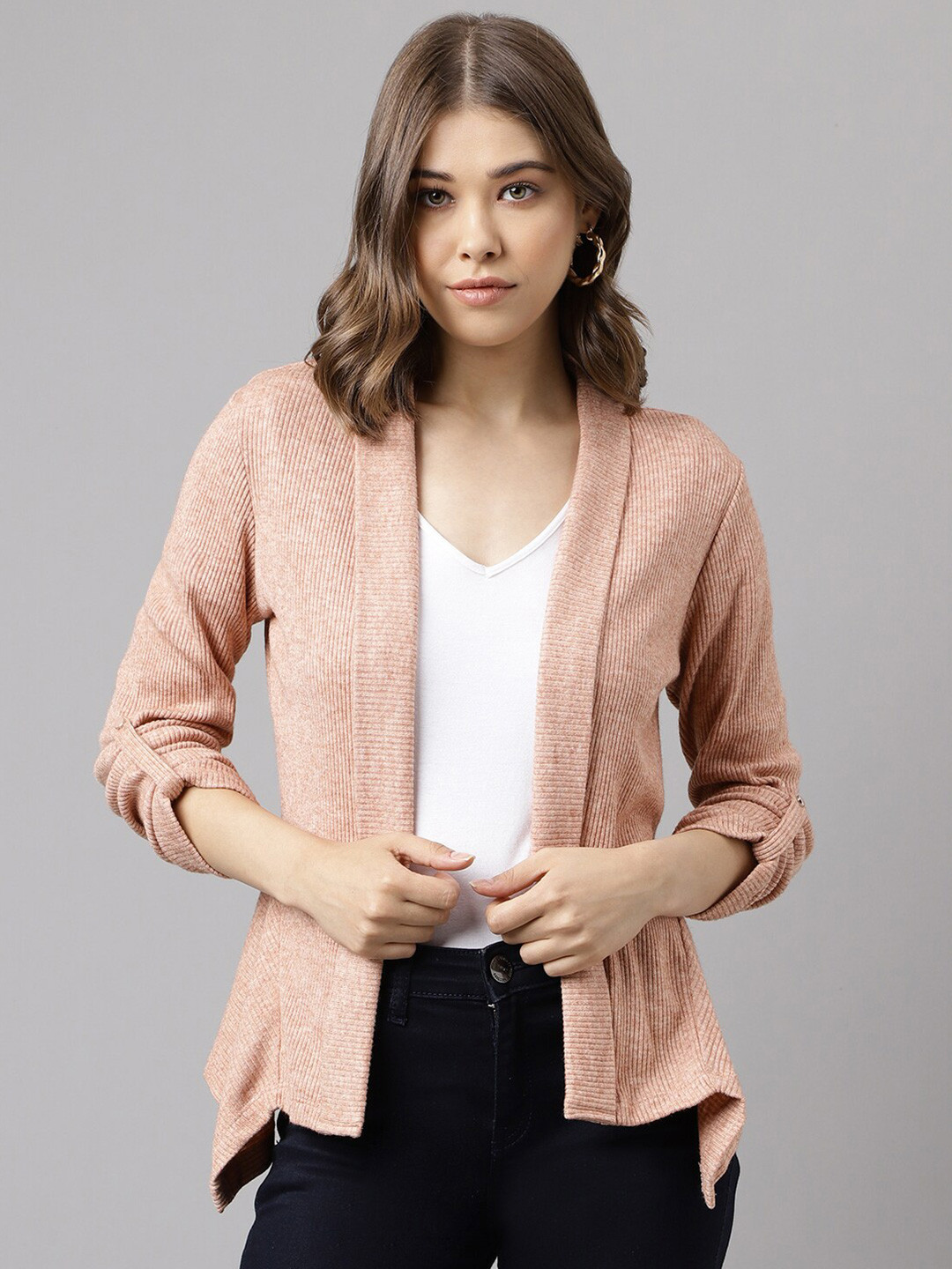 Latin Quarters Roll Up Sleeves Open Front Shrug