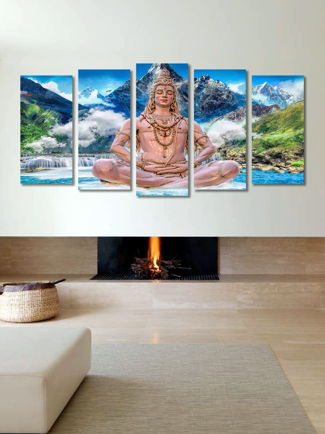 999Store Lord Shiva Multi Wood 5 Pcs Wall Living Room Rectangle Paintings Wall Art