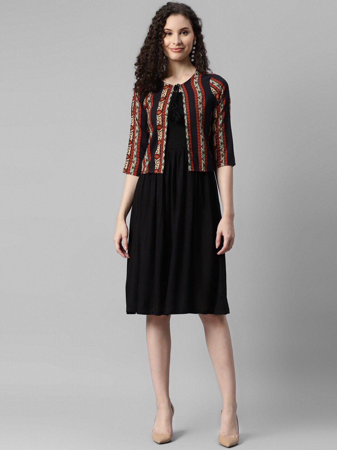 Vibes by Vibes by Deebaco Shoulder Straps Gathered Smocked Fit & Flare Dress With Shrug