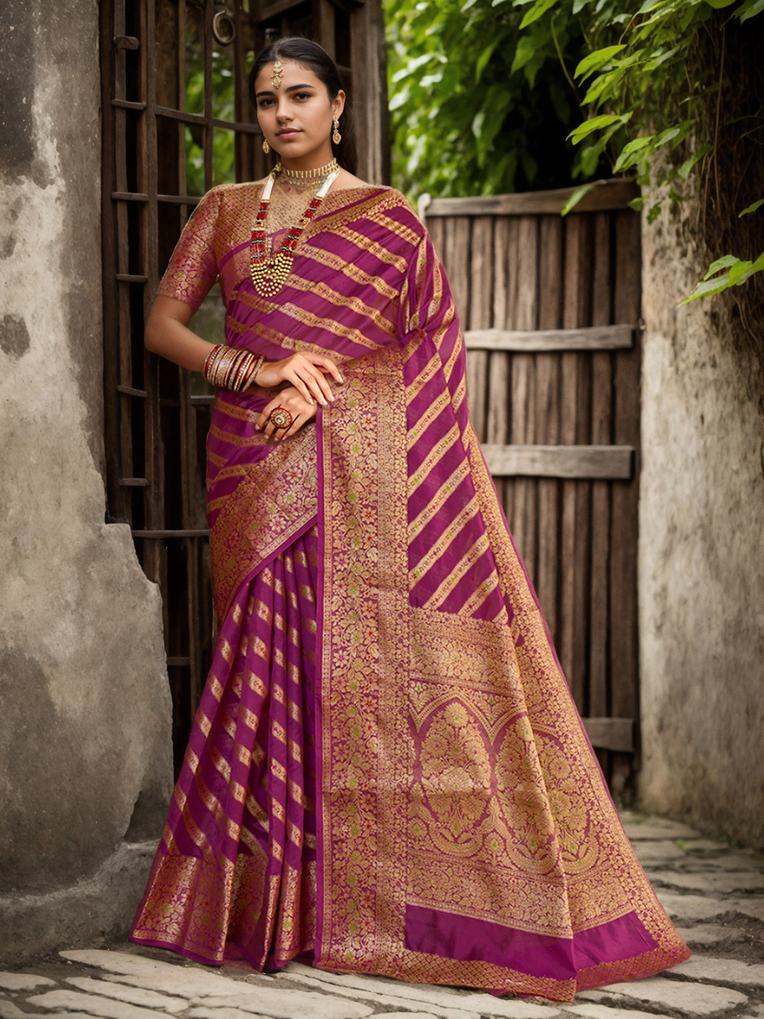 Anouk Rustic  Purple Leheriya Woven Design Zari Detailed Organza Saree