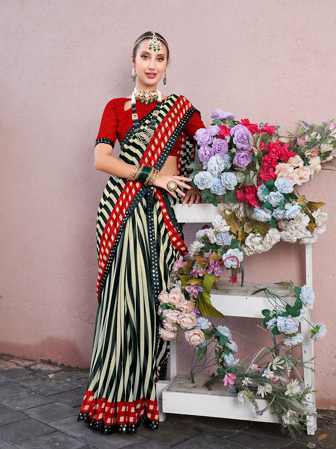 Anouk Rustic Off White Striped Sequinned Art Silk Saree