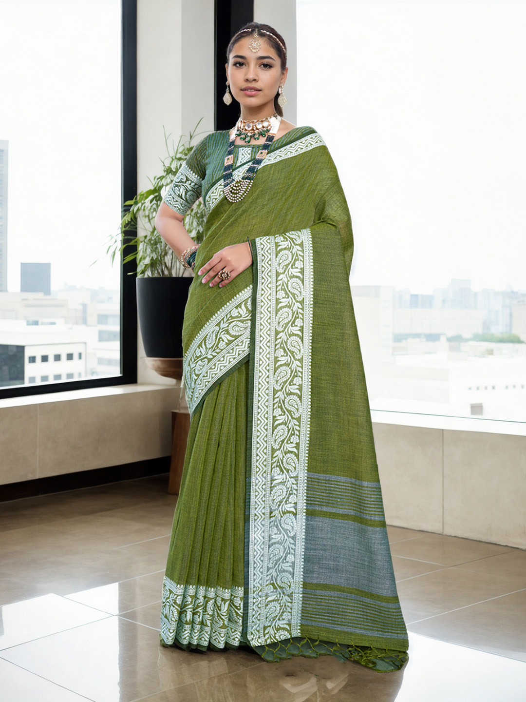Anouk Green Woven Design Border Saree