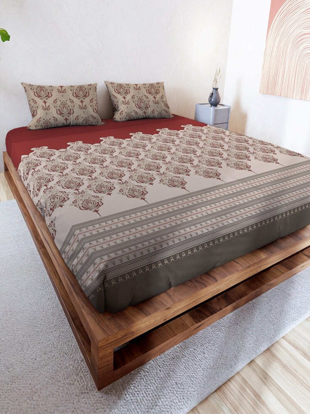 MAYFAIR HOMES LONDON Rushmoor Red Ethnic Motifs Pure Cotton 144 TC Super King Bedsheet with 2 Pillow Covers-108 x 108 inches