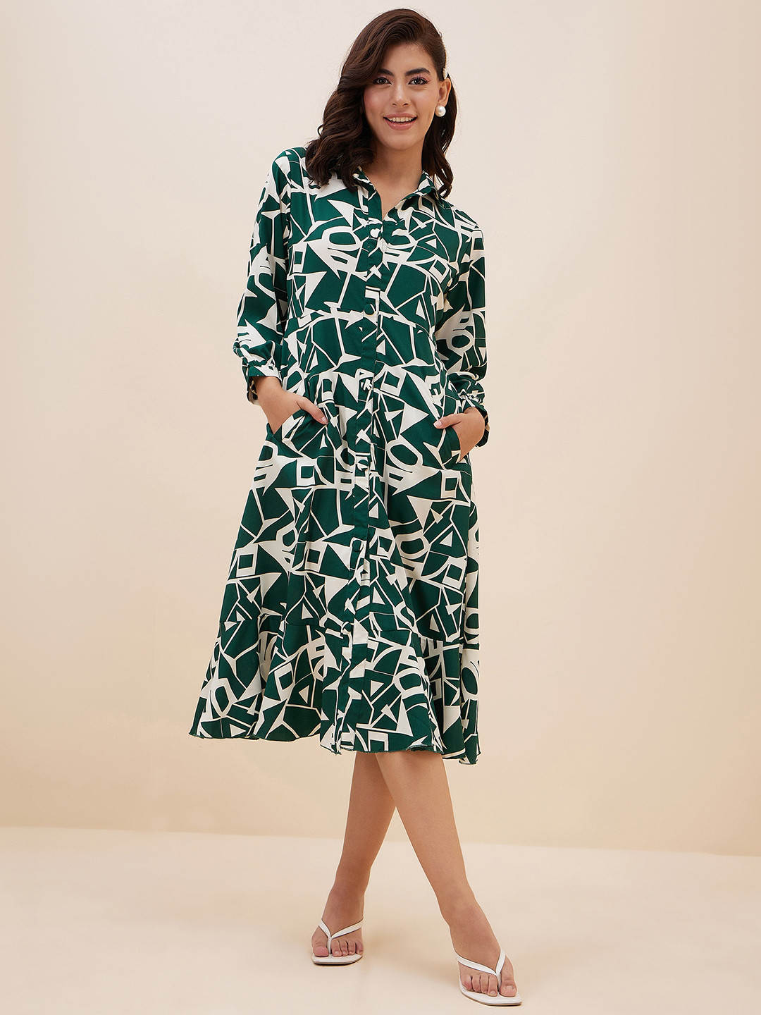 Antheaa Geometric Printed Shirt Midi Dress