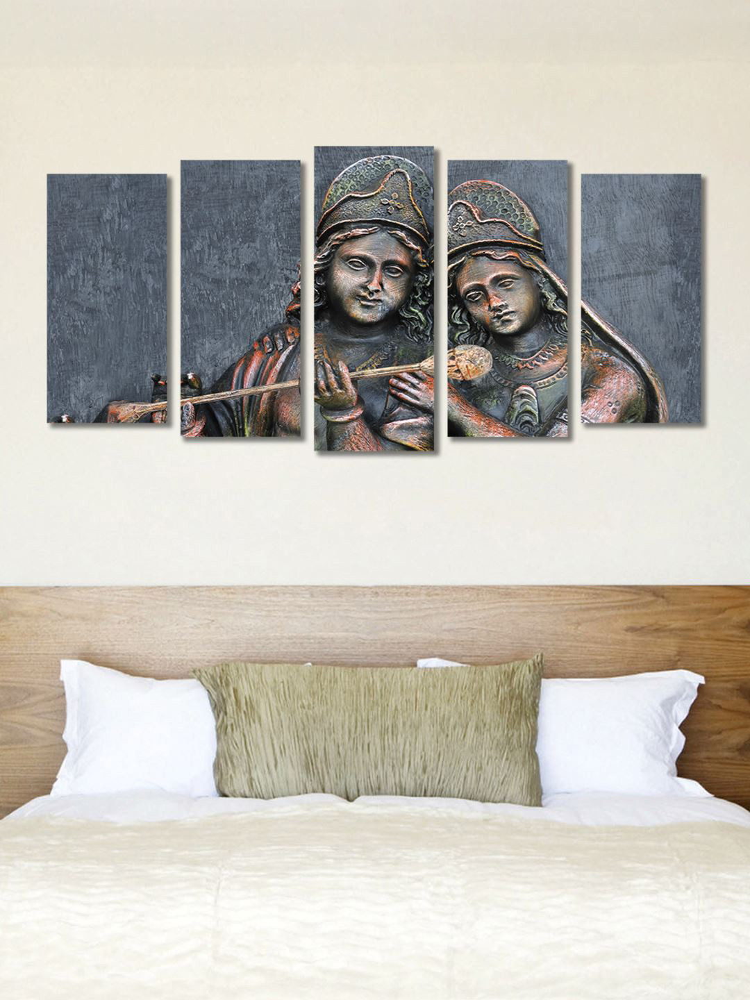 999Store Lord Krishna Grey Wood 5 Pcs Wall Living Room Rectangle Paintings Wall Art