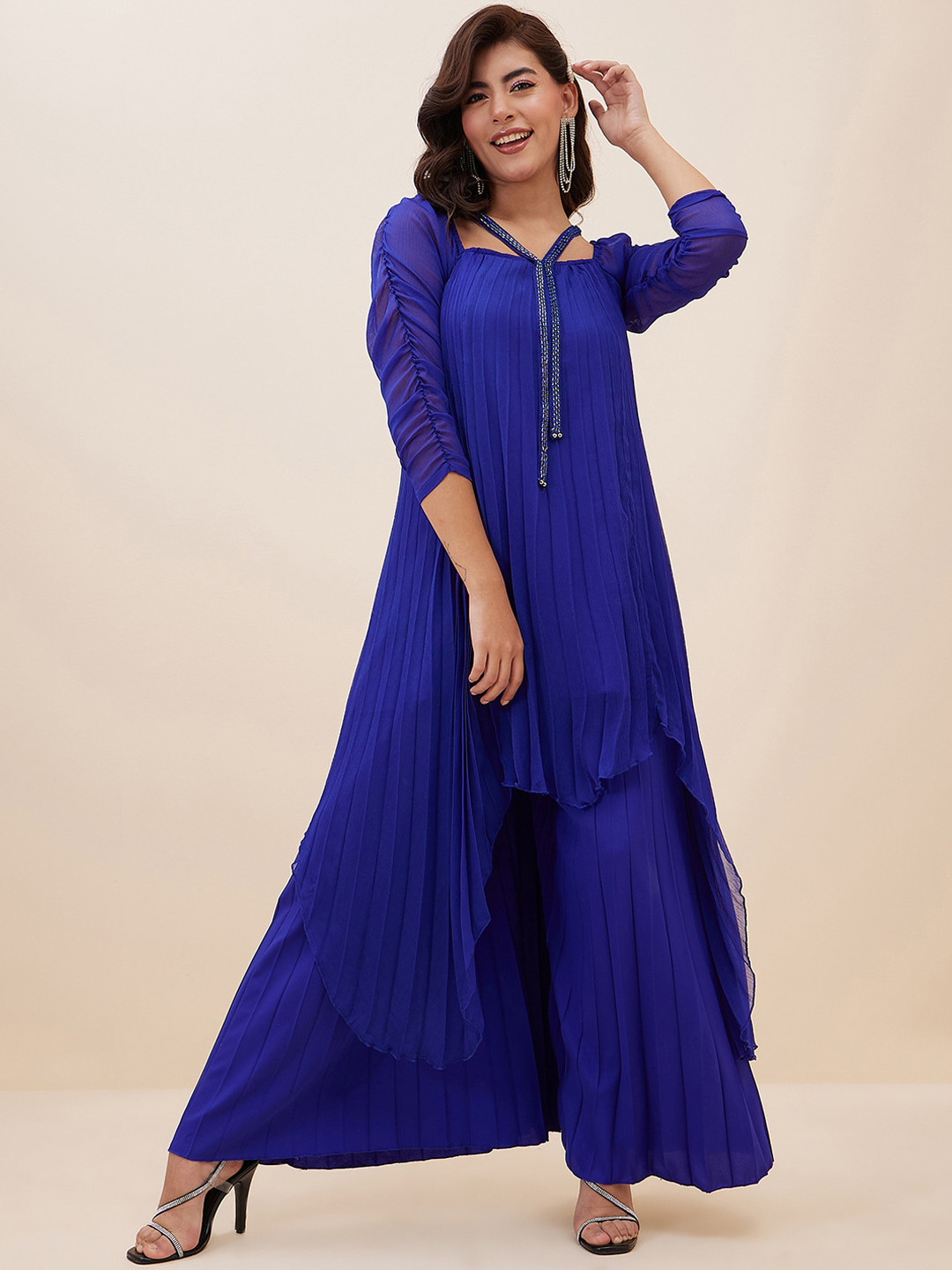 Antheaa Square Neck Puffed Sleeves Pleated A-Line Top With Palazzos