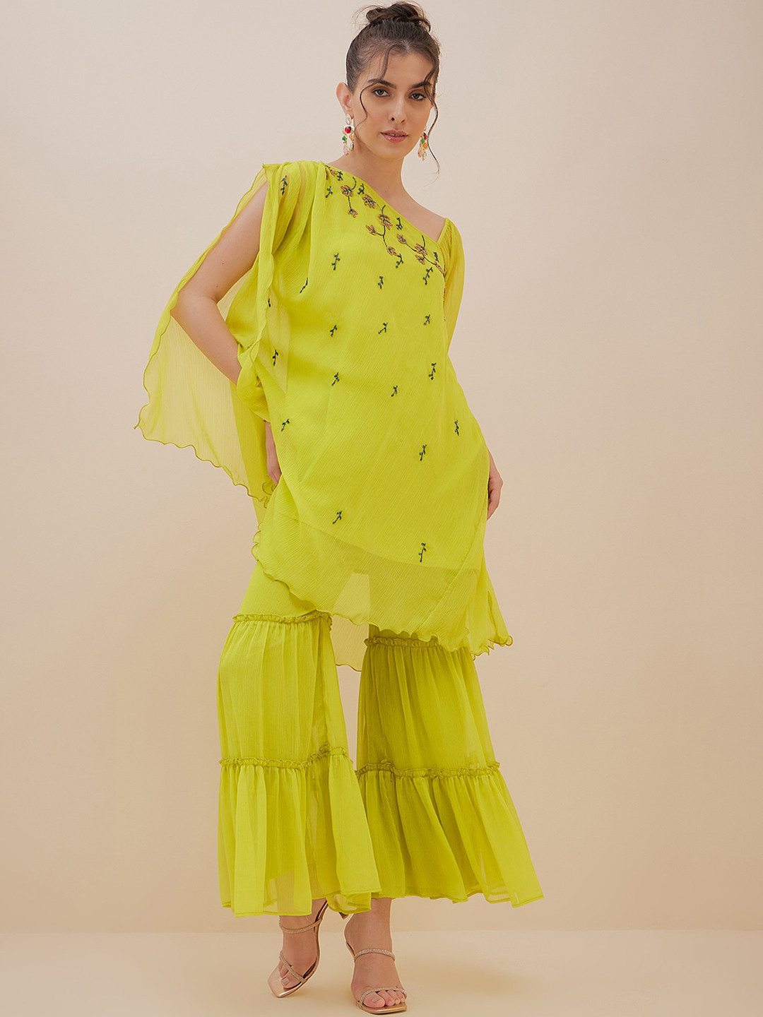 Antheaa One Shoulder Puffed Sleeve Beads and Stones Kaftan Top With Palazzos