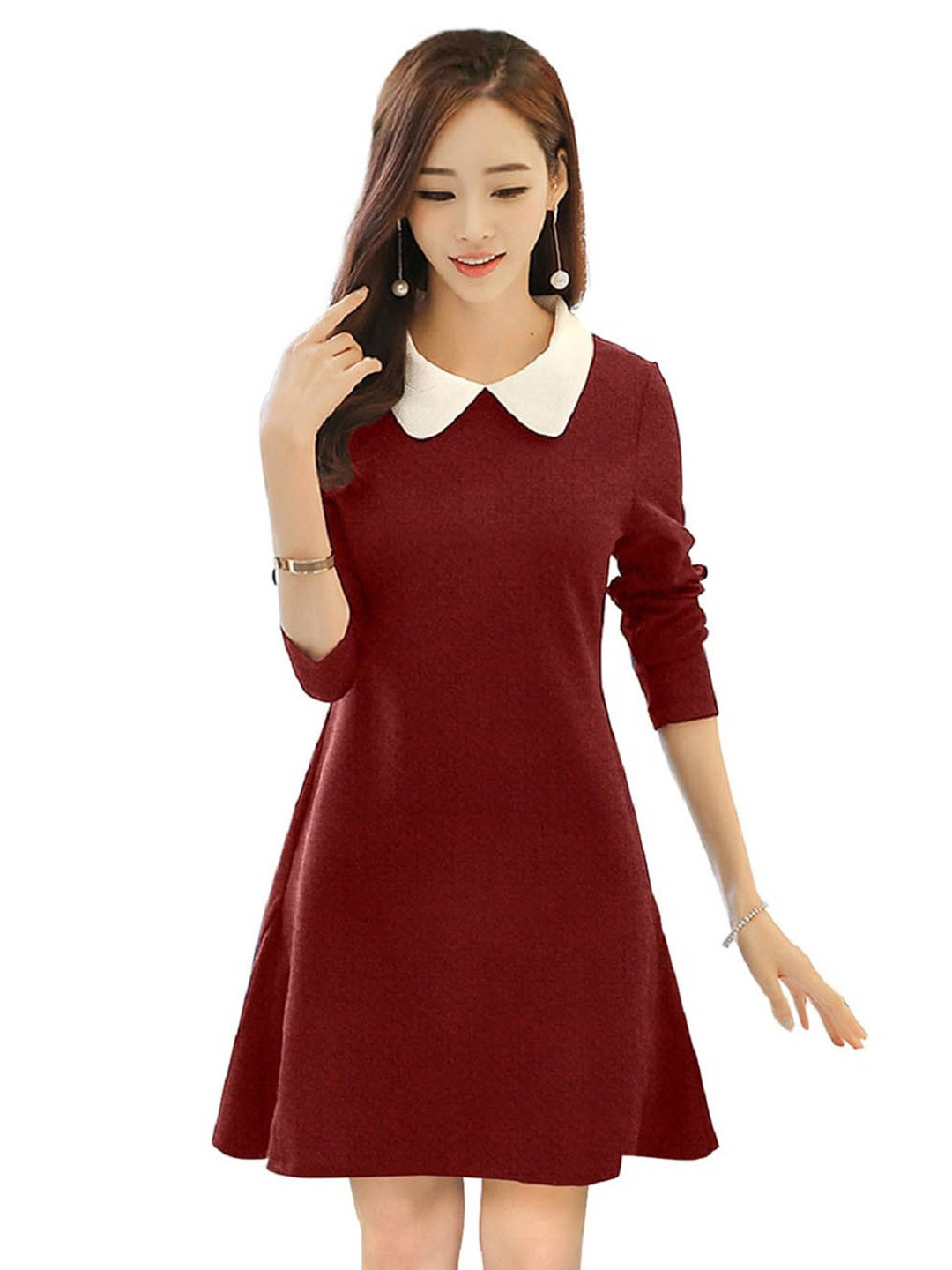 BAESD Maroon Peter Pan Collar A-Line Dress