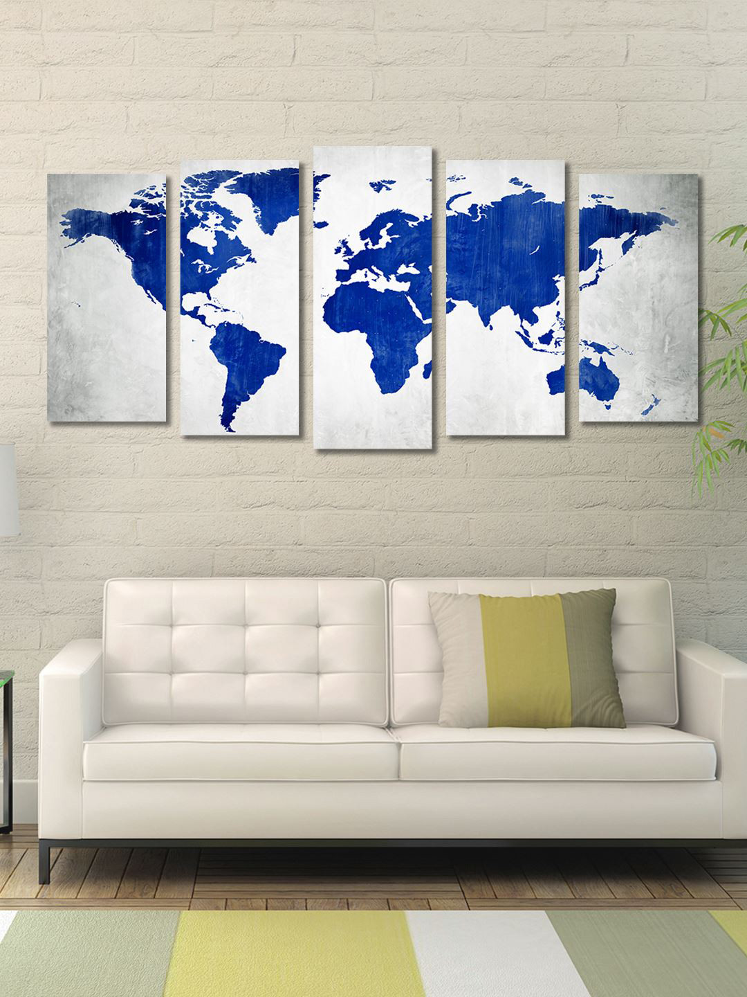 999Store Blue Blank World Map Wood 5 Pcs Wall Rectangle Paintings Wall Art -27.6x11.8In