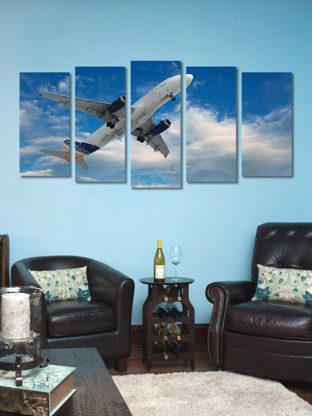 999Store Flying Airplane Wood 5 Piece Wall Rectangle Paintings Wall Art -27.5 x 11.8In