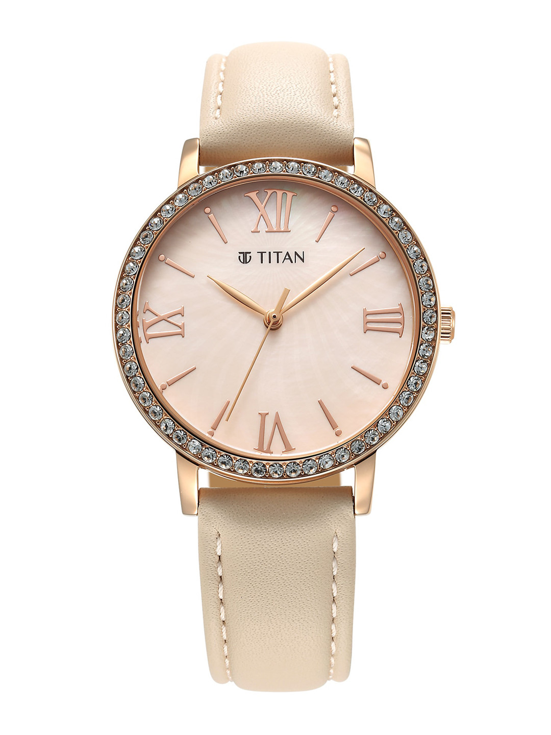 Titan Women Embellished Dial & Leather Straps Analogue Watch 95236WL01