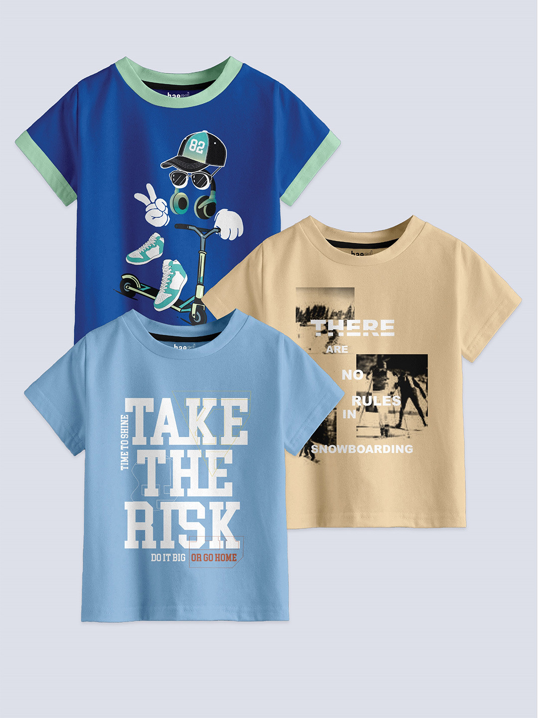 BAESD Boys Pack Of 3 Printed Round Neck Cotton T-shirts