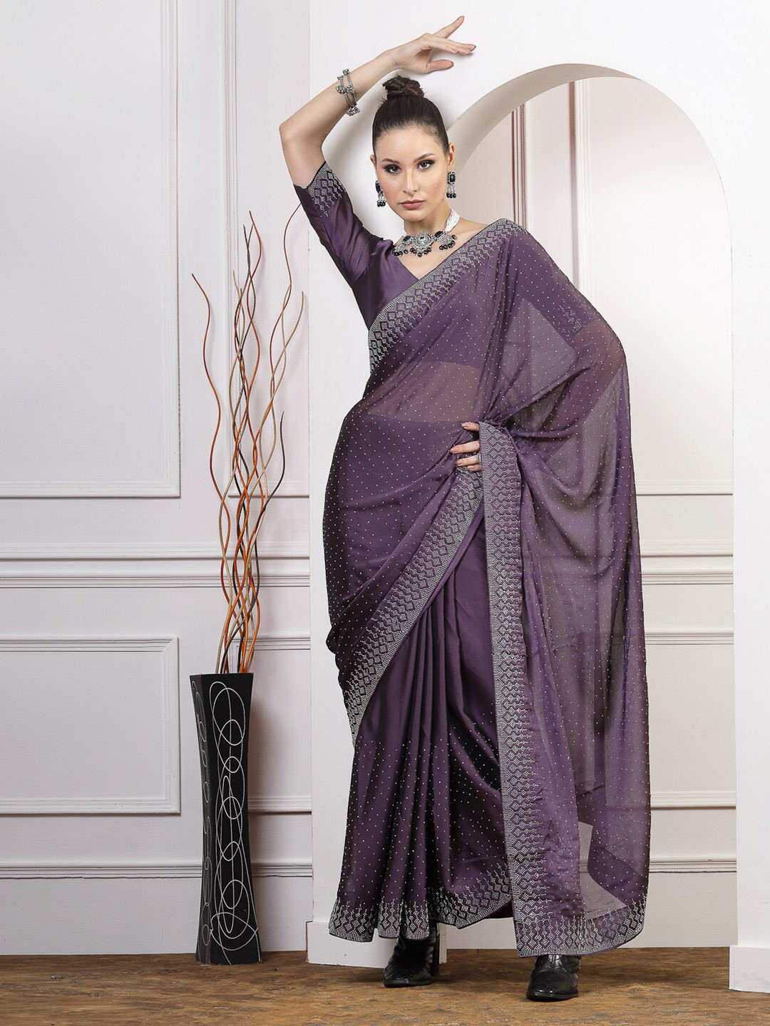 Satrani Lavender Embellished Beads and Stones Poly Georgette Saree