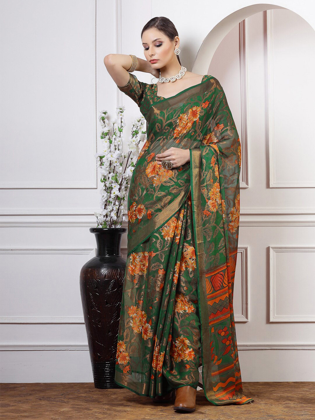 Satrani Green & Red Floral Zari Poly Chiffon Saree