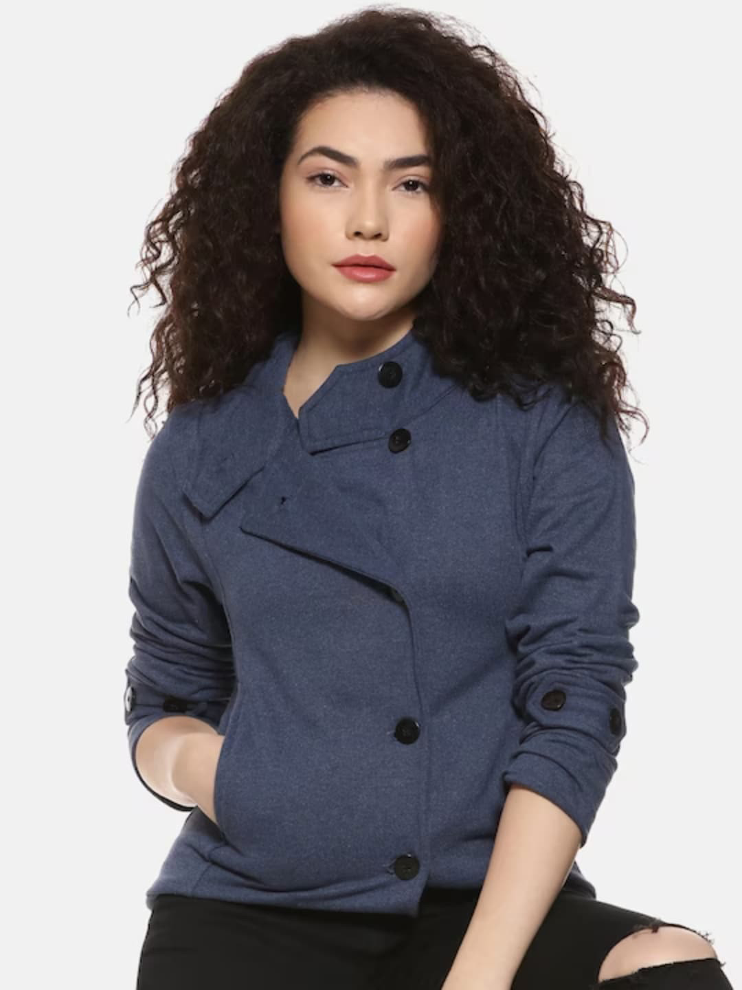 PINACOLADA Women Blue Windcheater Longline Outdoor Puffer Jacket with Patchwork