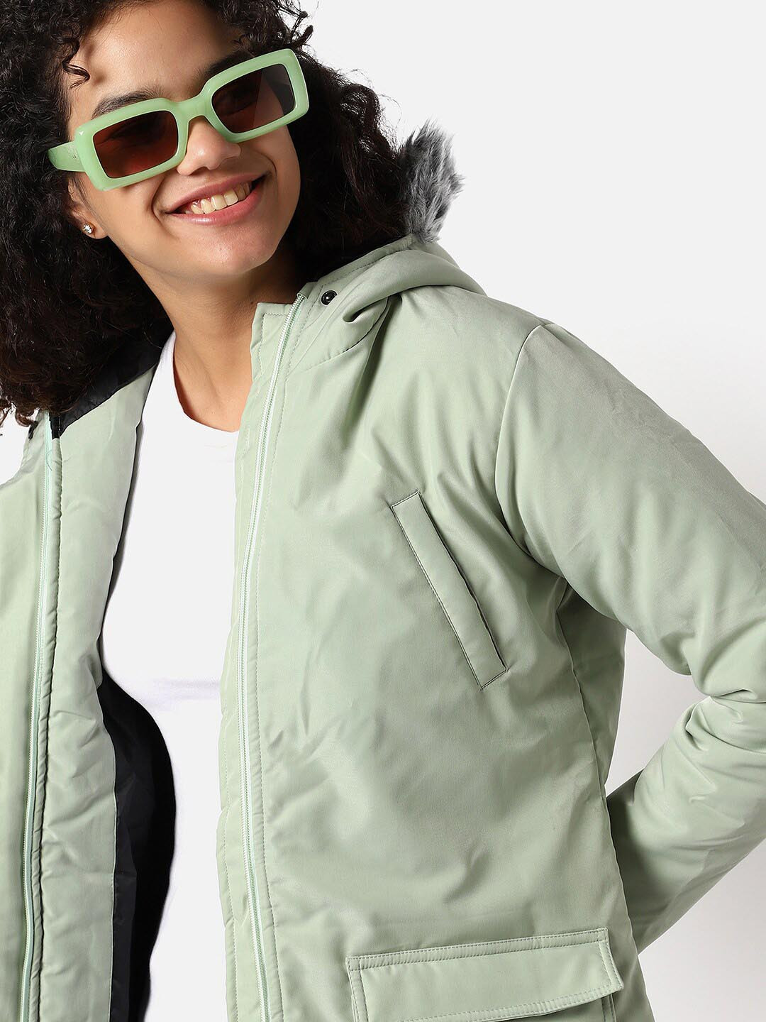 Campus Sutra Sea Green Windcheater Longline Outdoor Puffer Jacket