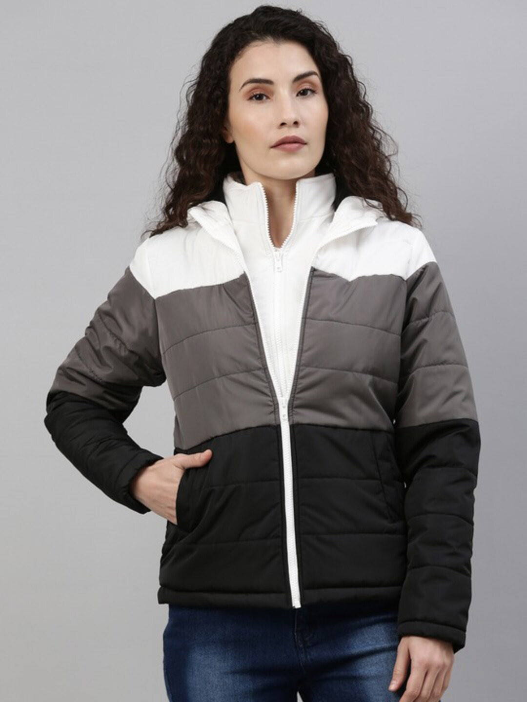 Campus Sutra White & Grey Colourblocked Windcheater Outdoor Hooded Puffer Jacket