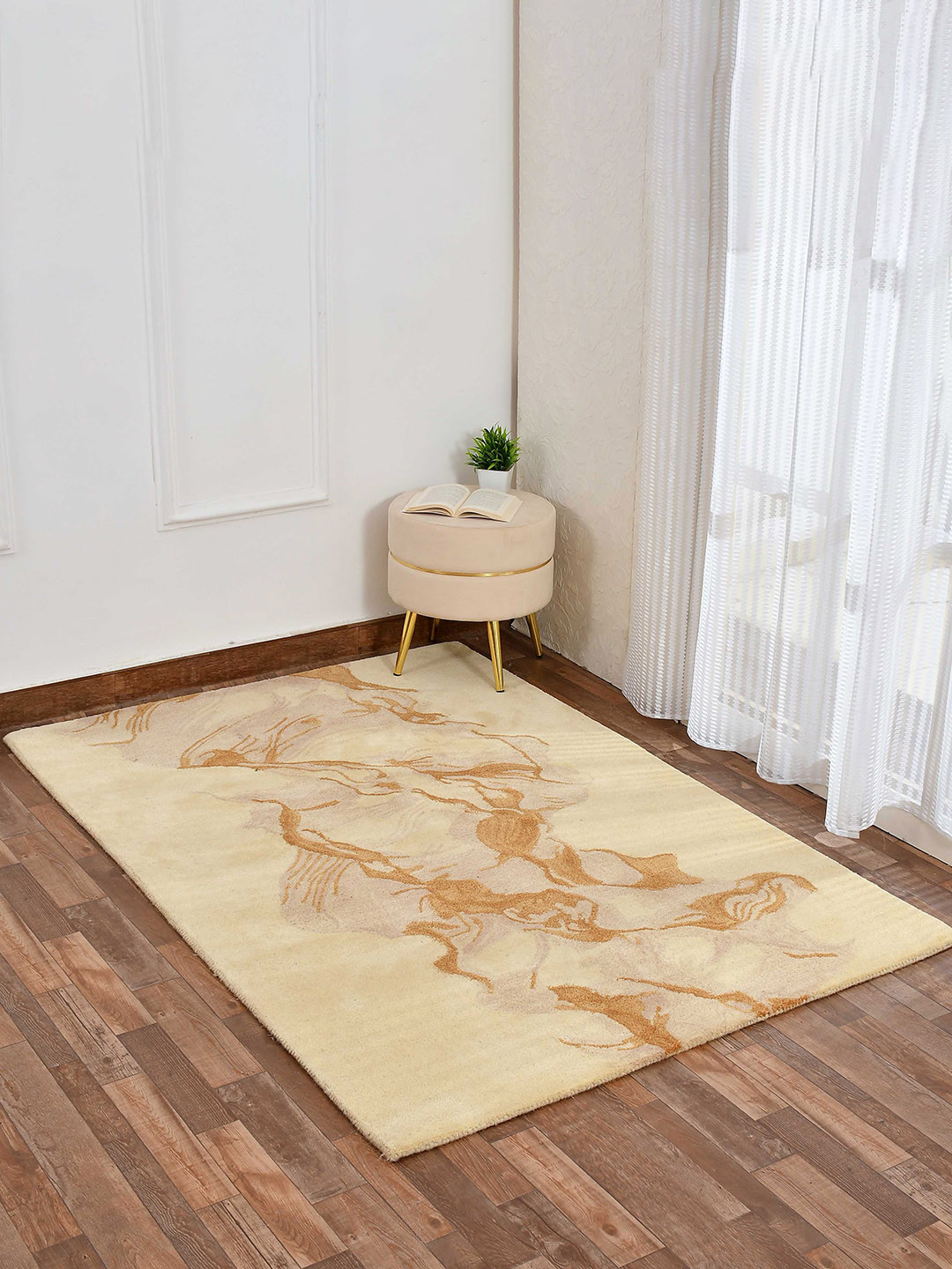 PRESTO Cream Coloured & Beige Abstract Printed Hand Tufted Woollen Carpet