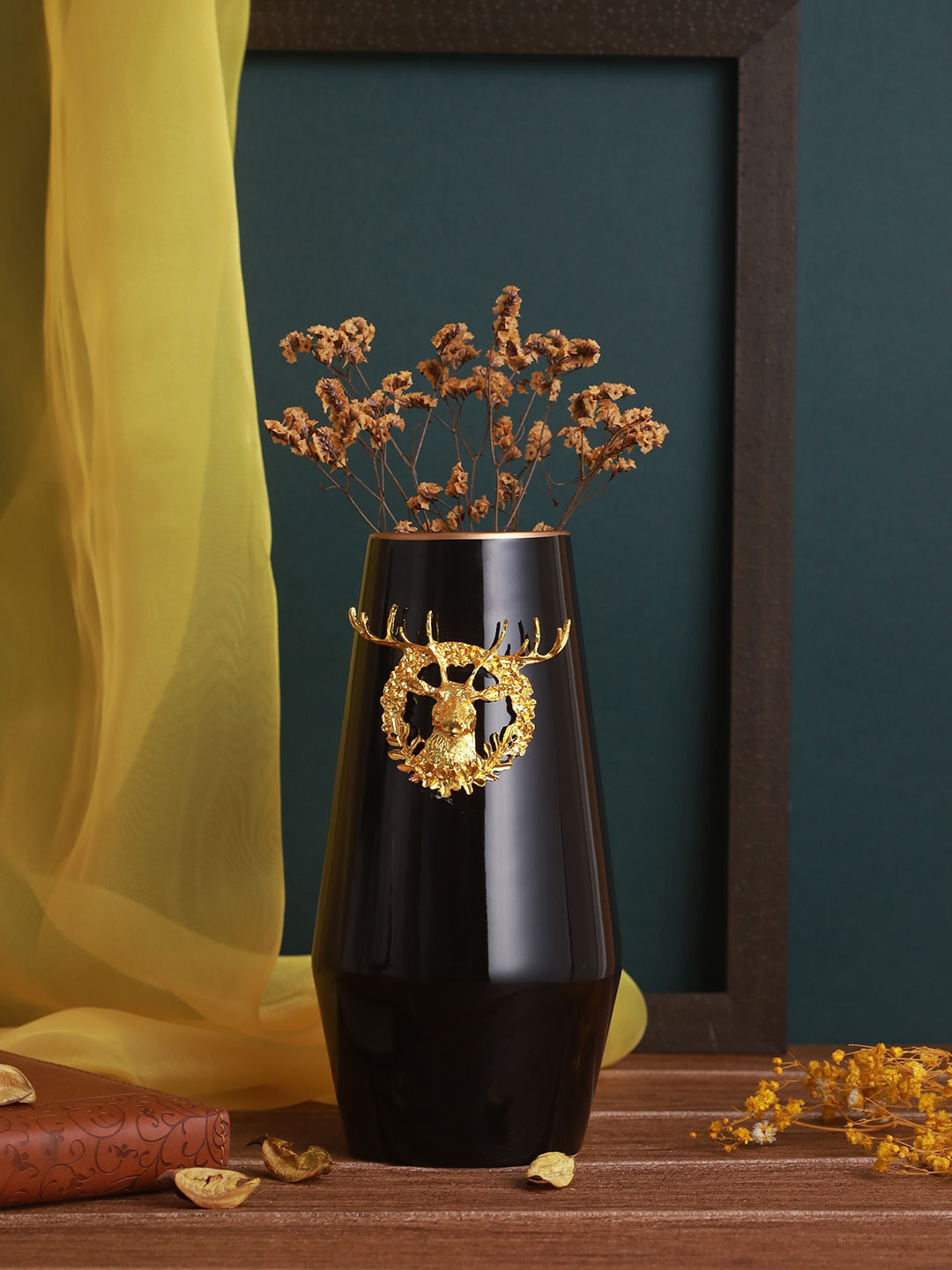TIED RIBBONS Black & Gold Toned Antique Deer Design Ceramic Flower Vase