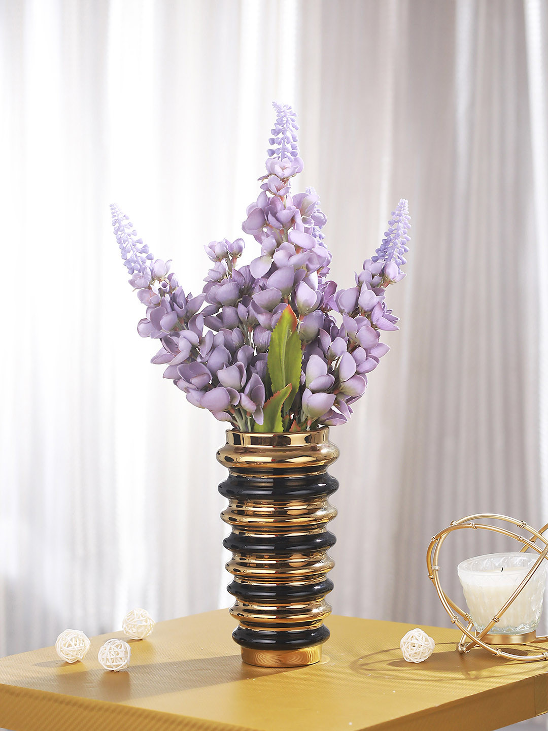 TIED RIBBONS Black & Gold Toned Antique Ceramic Flower Vase