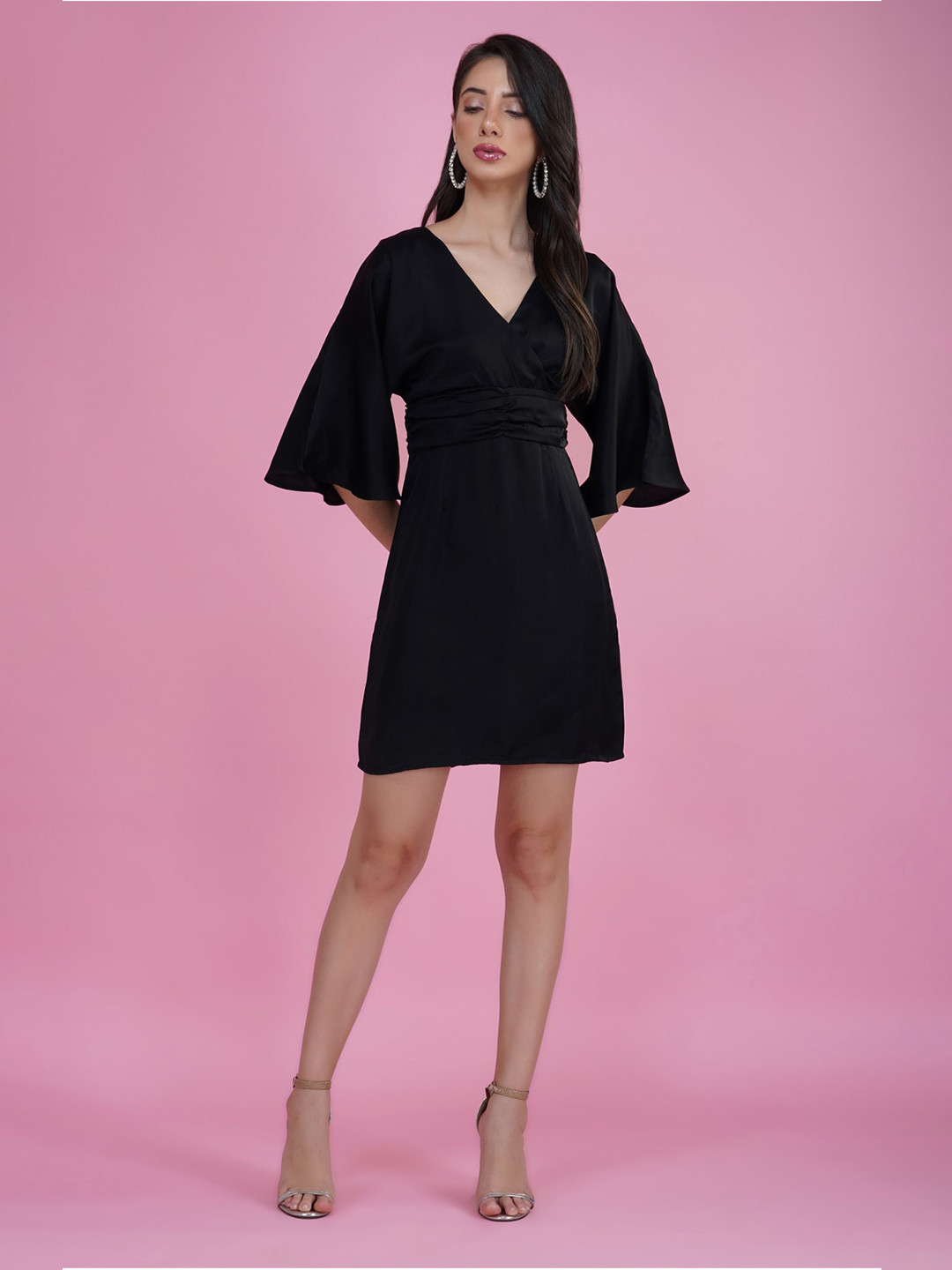 DELAN Black Flared Sleeve Satin Dress
