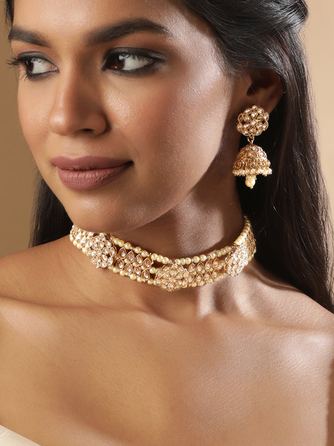 Rubans 22K Gold-Plated White Kundan Studded & Cream Pearl Beaded Choker Set with Jhumkas