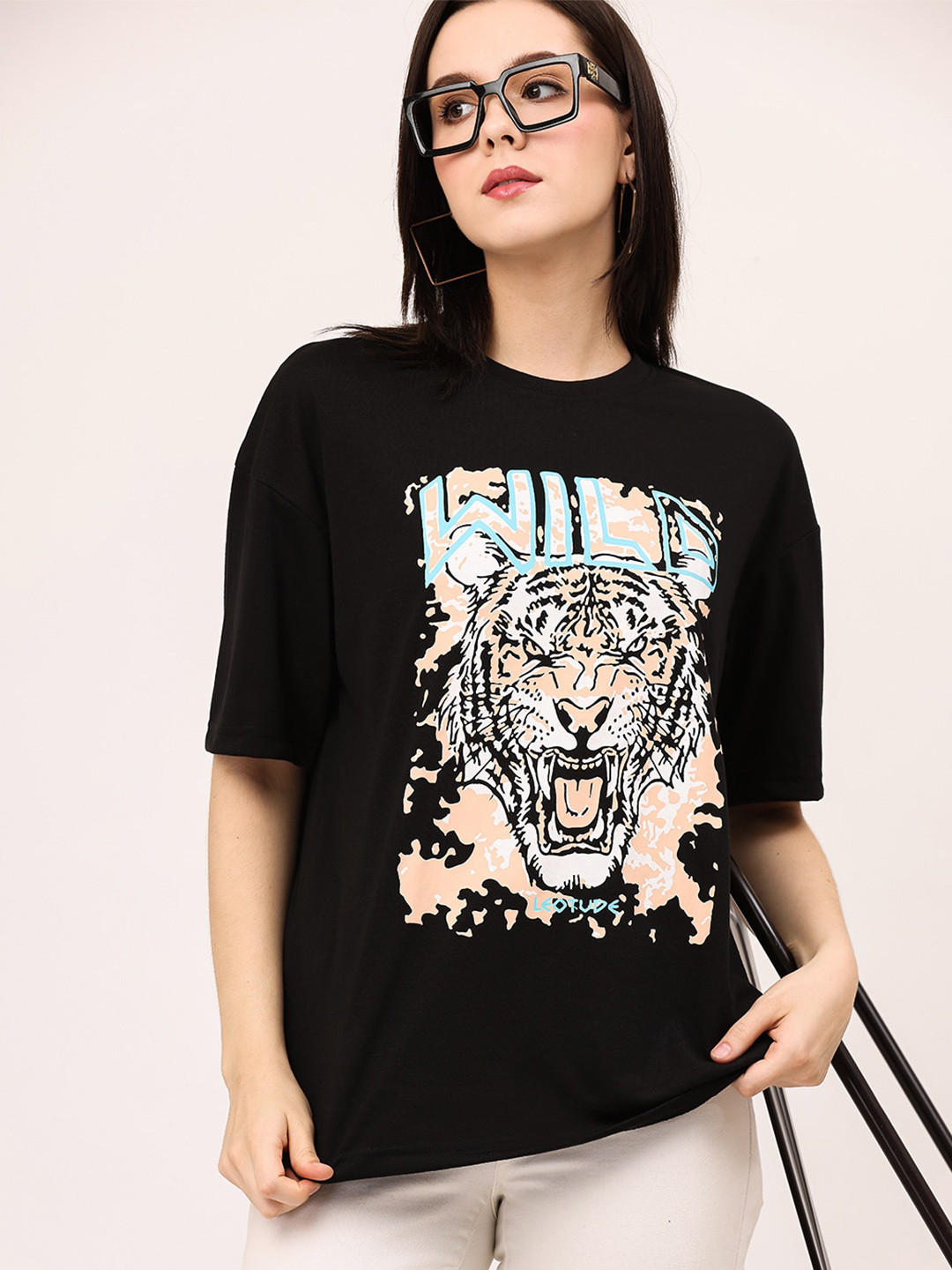 Leotude Women Black Printed Extended Sleeves Raw Edge T-shirt