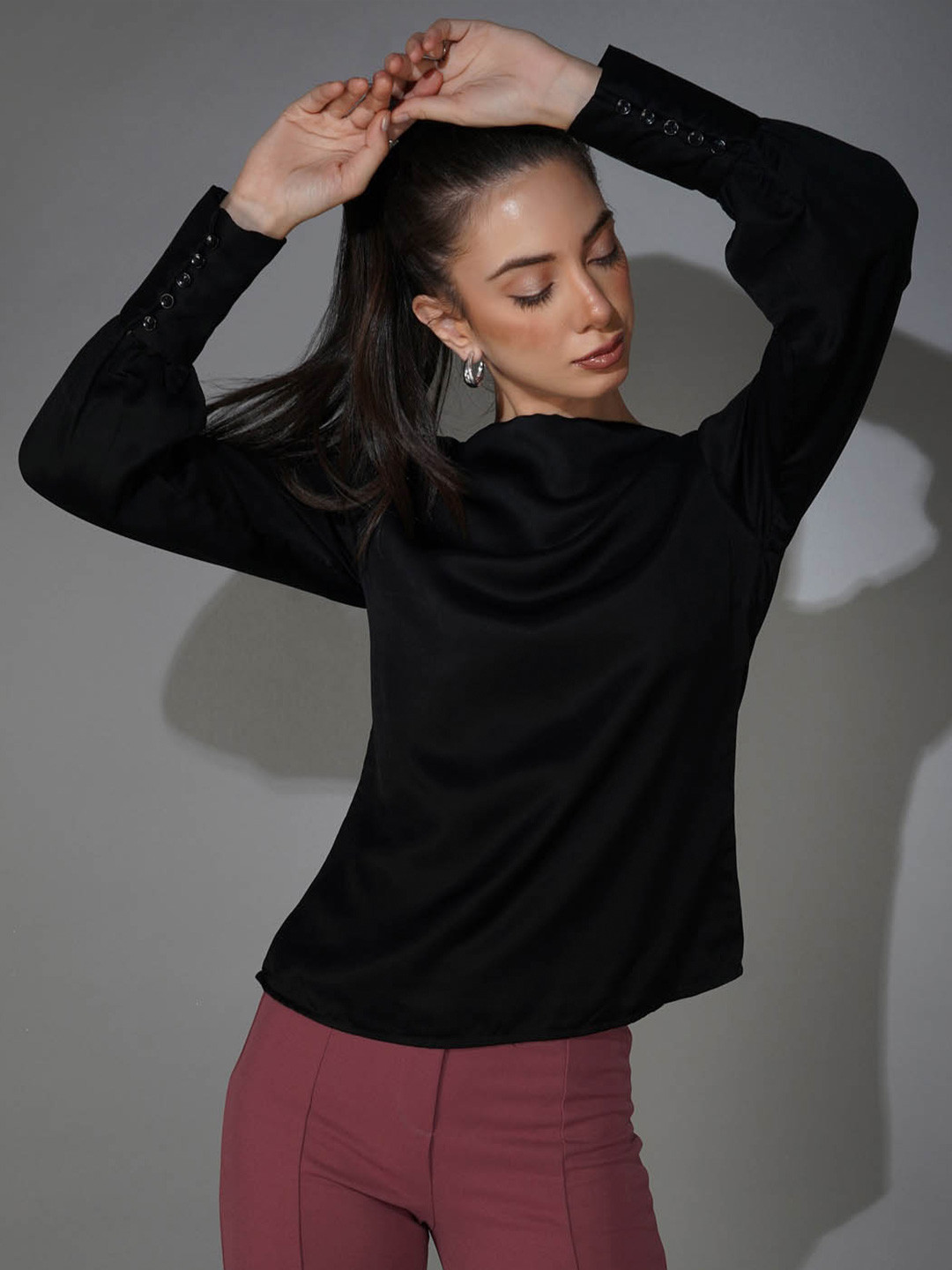 DELAN Black Cowl Neck Top