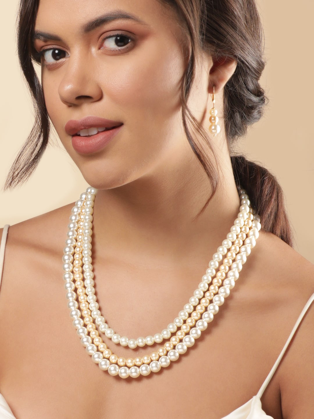 Rubans Gold-Plated Beaded Triple Layer Jewellery Set