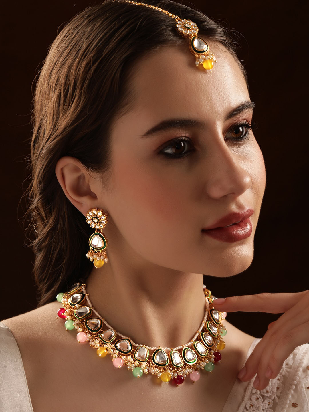 Rubans 18K Gold-Plated White Kundan Studded & Multicolor Pearl Beaded Jewellery Set