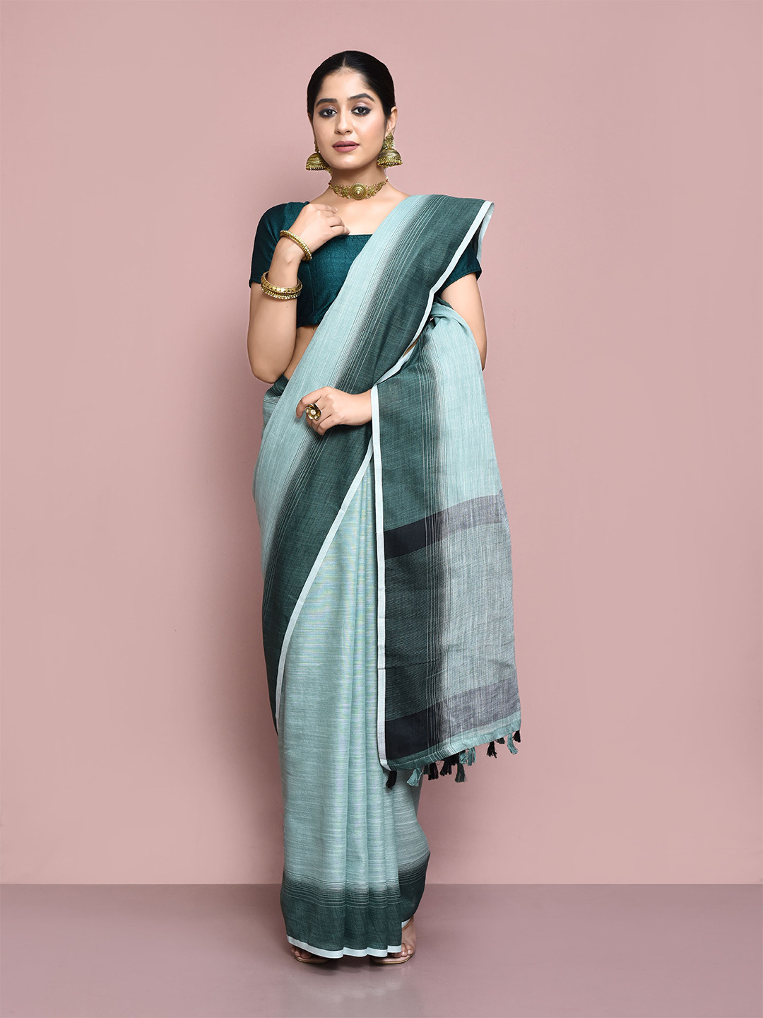 elora Green Linen Blend Saree