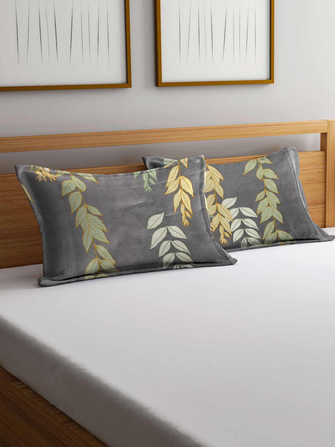 Arrabi Grey 2 Pieces Leaf-Printed Cotton Pillow Covers
