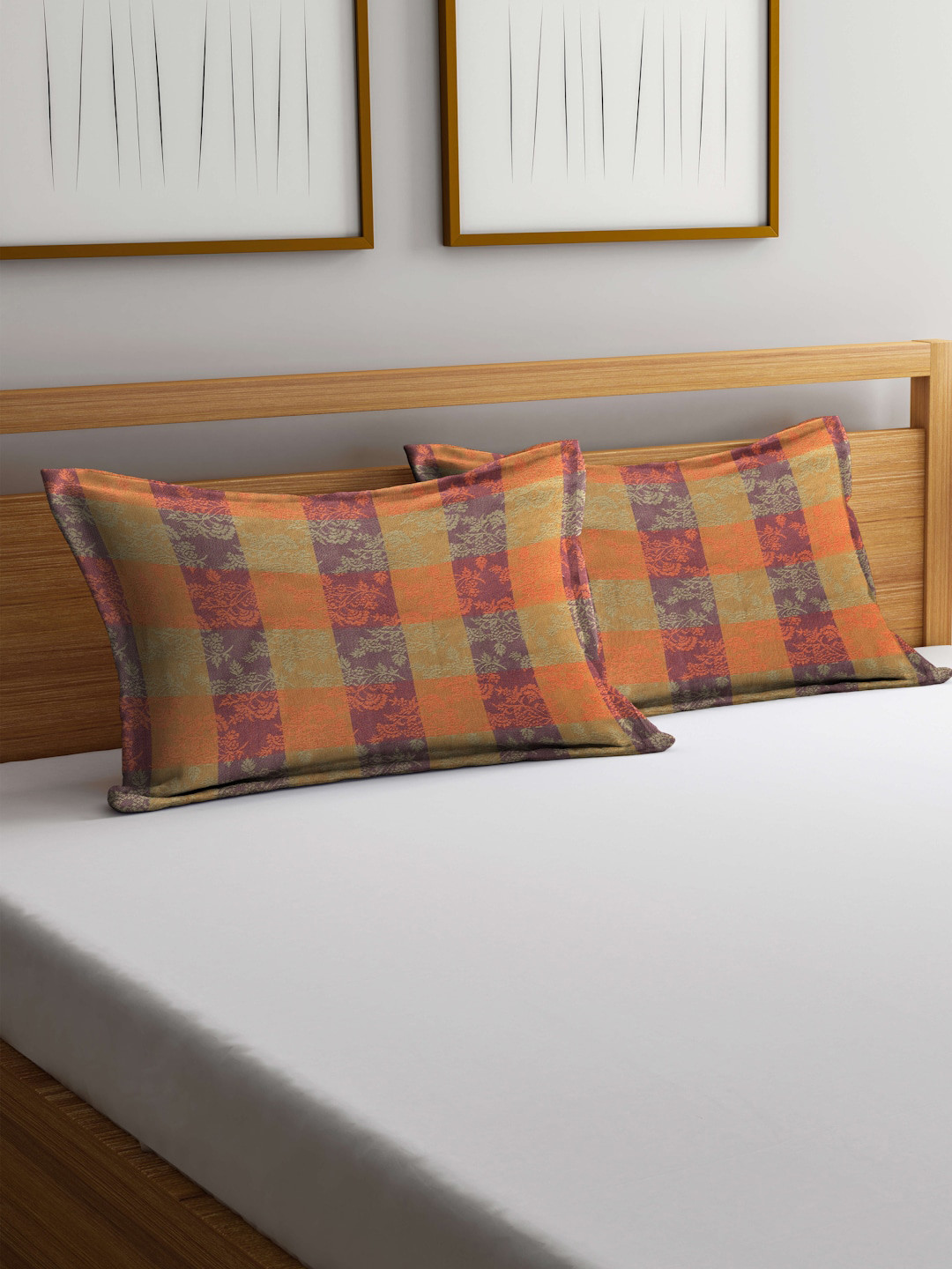 Arrabi 2Pcs Purple & Orange Floral-Printed Cotton Pillow Covers
