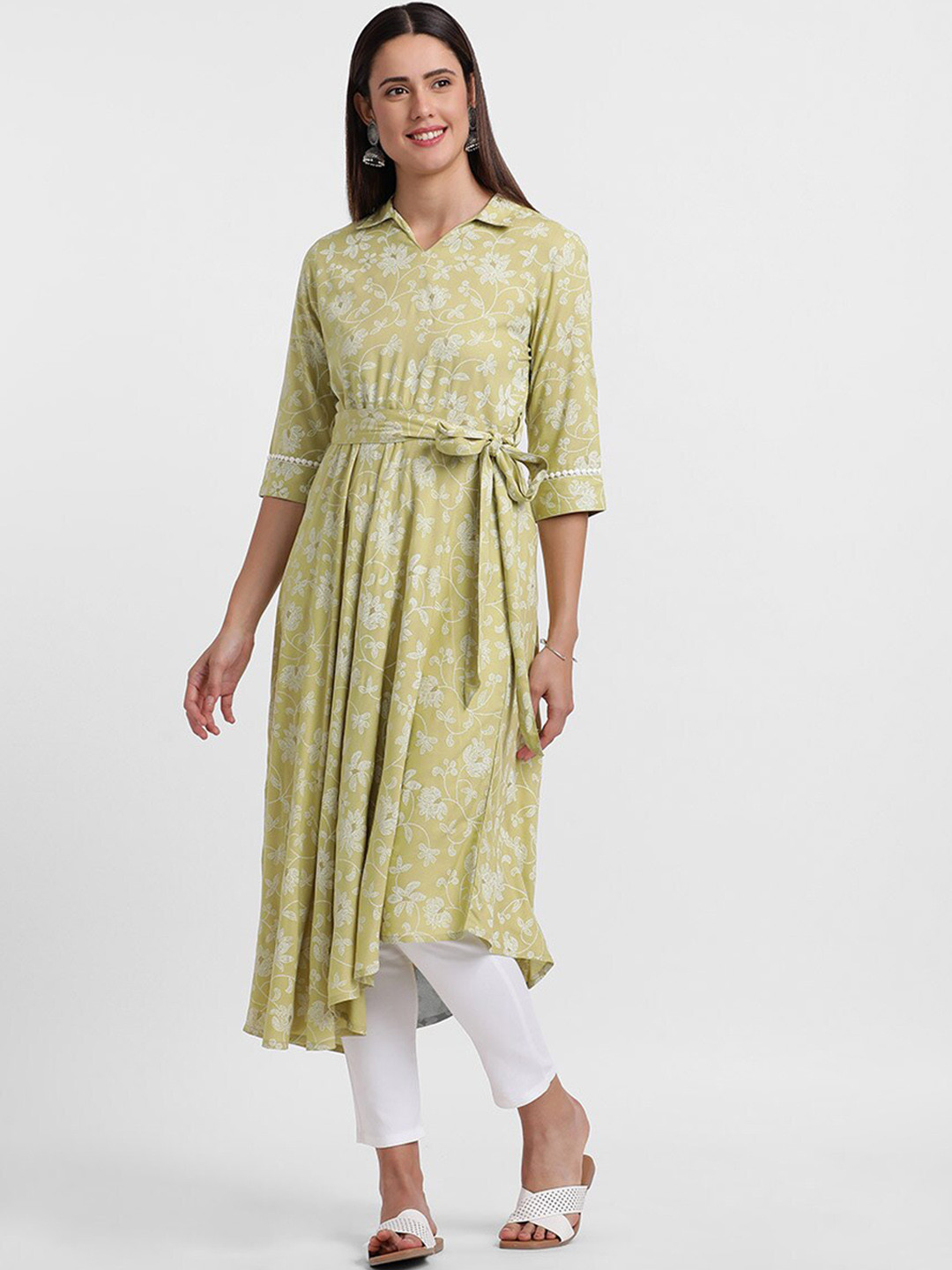 Styli Green Floral Printed Shirt Collar Belted A-Line Asymmetric Kurta