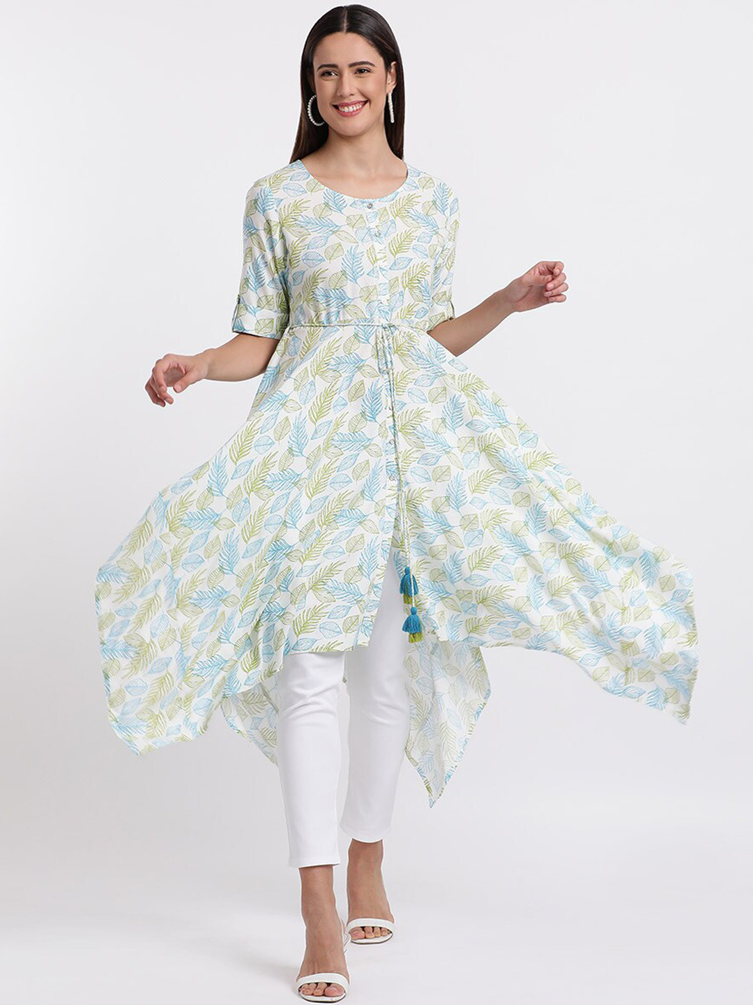 Styli White & Lime Green Ethnic Motifs Printed Roll-Up Sleeves A-Line Asymmetric Kurta