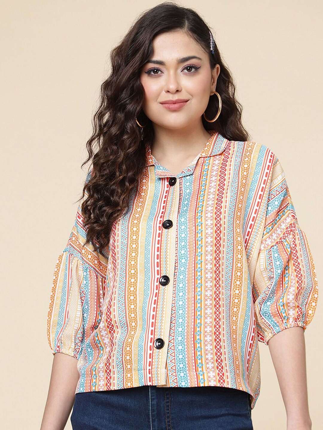 DressBerry Yellow & Blue Ethnic Motifs Printed Cuban Collar Regular Top