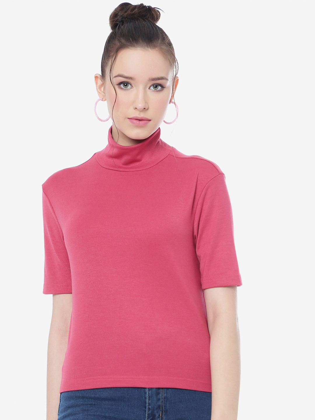 DressBerry Pink High Neck Ribbed Top
