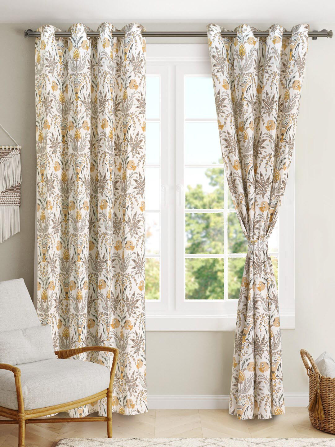 BLANC9 Cream-Coloured & Yellow 2 Pieces Ethnic Motifs Cotton Door Curtains