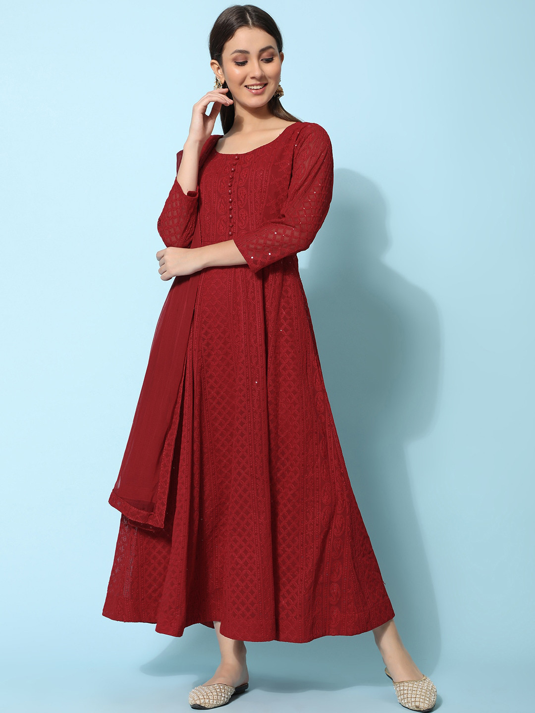 BLACK SCISSOR Ethnic Motifs Chikankari Embroidered Maxi Ethnic Dresses With Dupatta