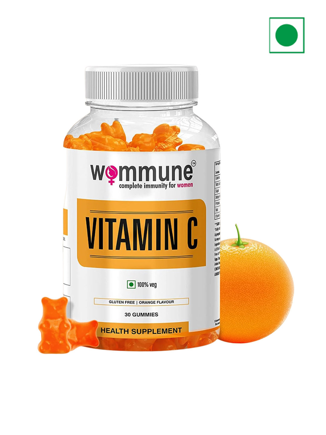 WOMMUNE Vitamin C Orange Flavour Gummies For Glowing Skin & Immune System - 30 Gummies
